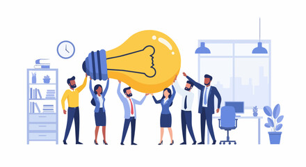 Obraz premium Business Team Collaboration and Brainstorming Concept for Creative Idea and Innovation. Diverse Office Workers Holding Giant Lightbulb Together for Project Success.