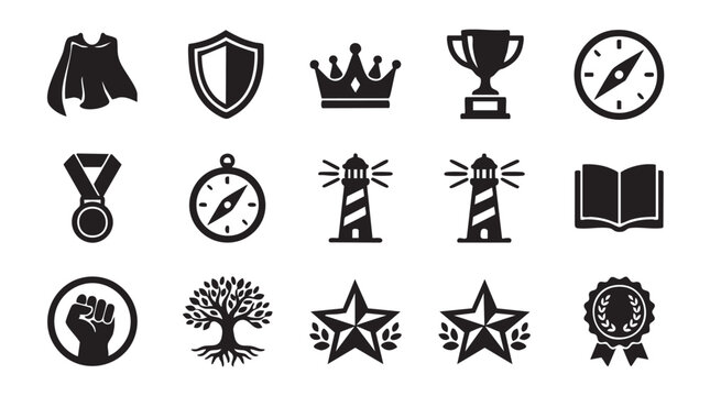 Collection of black silhouette icons including medals trophies lighthouses compass crown shield book tree stars and a ribbon suitable for awards navigation and achievement themes