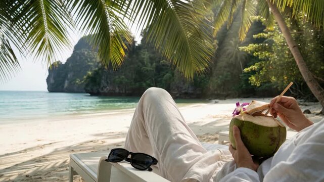 Relaxing view of a person lying on a beach lounge chair drinking a fresh coconut through a straw under palm trees with a tropical bay backdrop