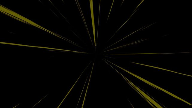 Dynamic gold manga speed lines loop, abstract black background with fast moving light rays, futuristic velocity burst zoom effect graphic, premium high energy transition graphic element 4k video.