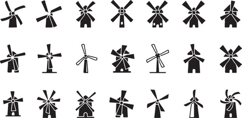 Windmill icons, black silhouette windmills, mill symbols, 20 icon set © fksamia