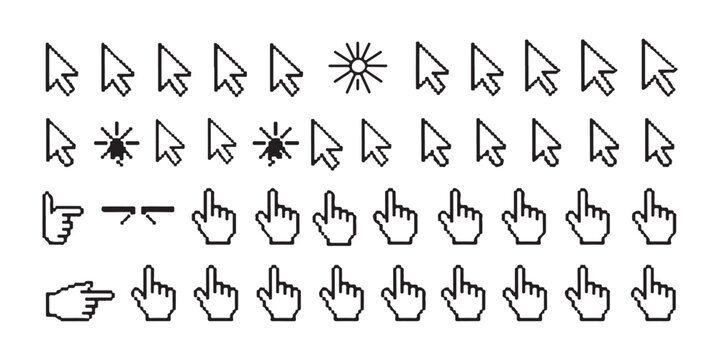 Variety of pixel cursor icons hand pointers click tap swipe zoom gestures for digital interface.