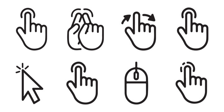 Collection of touch interaction icons hand finger cursor mouse computer click tap swipe zoom rotate.