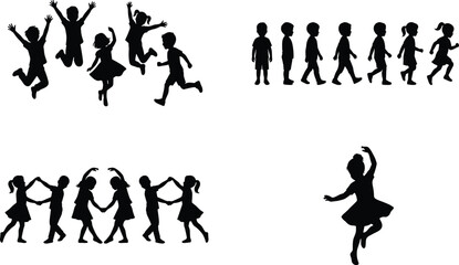 Set of black silhouettes of active children jumping walking running and dancing ballet isolated on white background © MdSohel