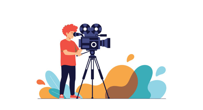 Professional cameraman operating a large movie camera on a tripod against a colorful abstract background in a film studio setting.