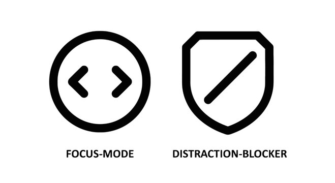 Focus mode and distraction blocker icons with productivity tool work tool concentration tool attention tool efficiency tool time management tool