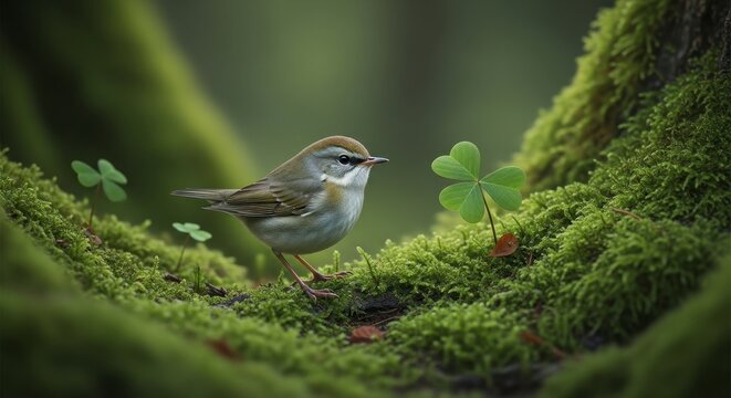 Small bird perched on vibrant green mossy tree trunk with clover leaves in a quiet woodland forest