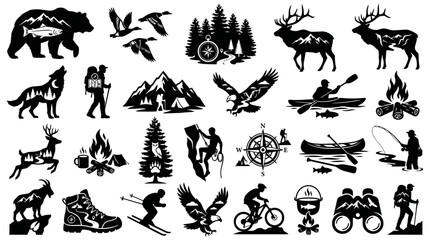 Obraz premium Collection of Outdoor Activity Silhouette Graphics featuring Wildlife, Hiking, Camping, and Sports with Mountain and Water Elements