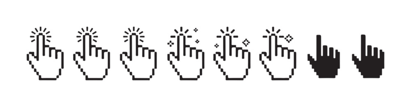 Pixelated hand cursor icons with various clicking effects and solid silhouettes in retro vector.