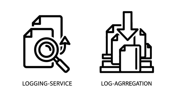 Logging service and log aggregation icons for data management with aggregation management collection analysis monitoring software technology database