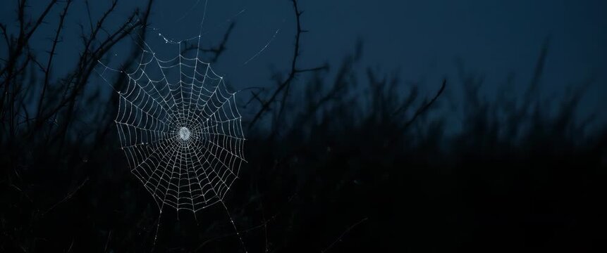 Silver spider web prop with lens flare among dark thorns