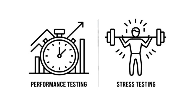 Performance testing and stress testing icons with performance evaluation assessment analysis measurement benchmark assurance reliability validity