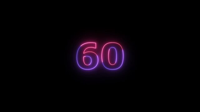 Illuminated neon number sixty emitting a radiant pink and purple glow on a deep black canvas signifying a milestone or numerical marker
