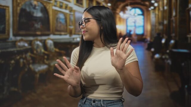 Young woman wearing glasses raises palms with hands up in a defensive gesture in ornate museum building; discomfort.
