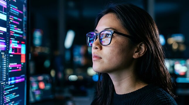 Focused female software developer working on computer code in a dark office at night, analyzing complex data and programming algorithms on a large screen monitor