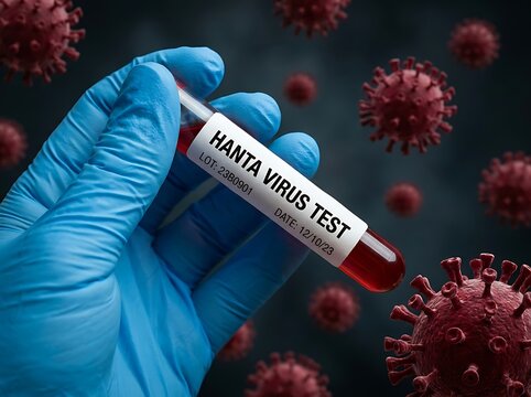 Hand in blue glove holding hanta virus test tube