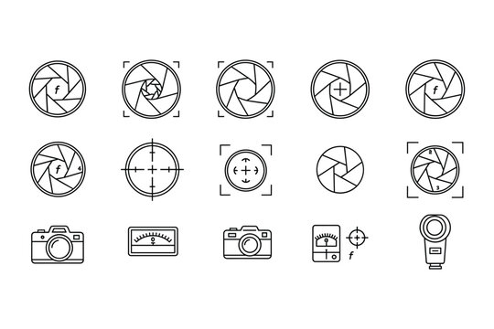 Set of camera equipment outline icons with lens aperture light meter and flash isolated on white background