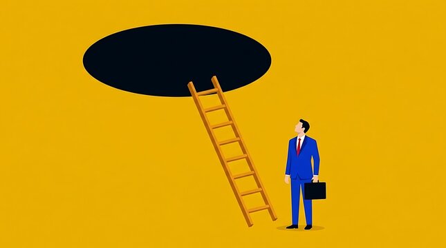 Businessman looking at a ladder leading to a black hole in the sky concept of opportunity, career growth, challenge, mystery, and unknown future