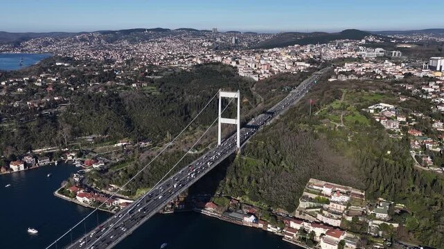 Aerial view of fatih sultan mehmet bridge traffic
