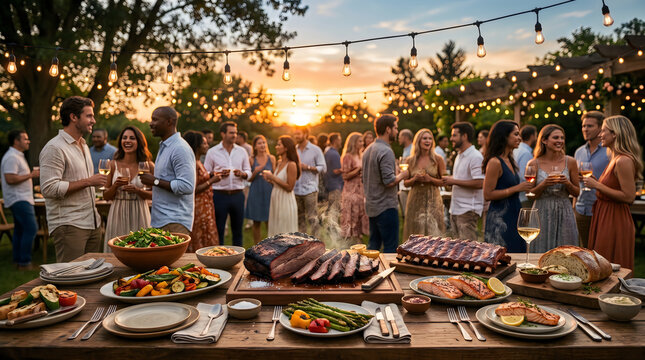 Outdoor family gathering dinner celebration in garden at sunset with long table feast