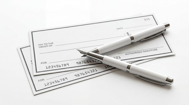 Two bank checks with a pen for financial payment