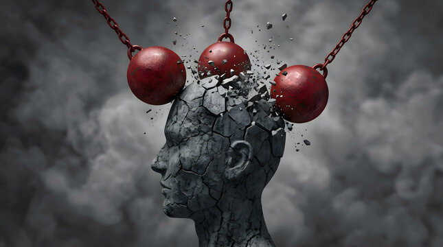 Depicting the intense mental strain and psychological breaking point as a head shatters under the impact of immense, crushing pressures from life's burdens