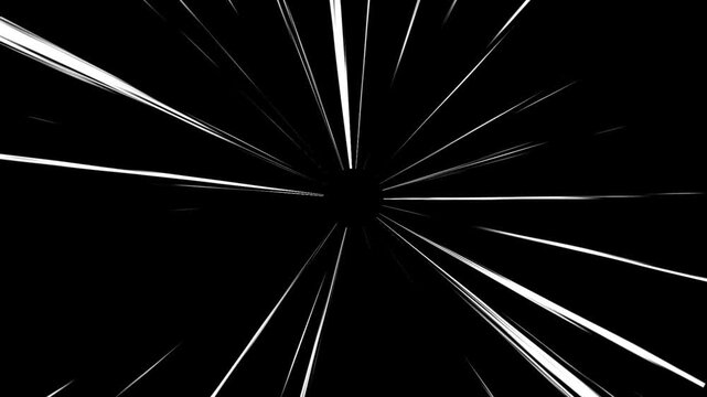 Manga style speed lines motion graphic on a black screen with radial zoom burst effects, comic book visual effect for high energy action transitions, cinematic motion graphic backdrop 4k video.