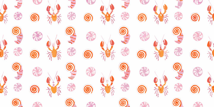 Hermit crab and seashell pattern playful repeating design on white background