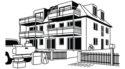 Fototapeta premium Moving house relocation concept illustration with apartment building pickup truck and packed travel suitcases.