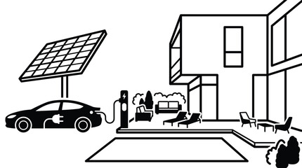 Naklejka premium Modern house with solar panel and electric car charging station at home, innovative sustainable living concept.