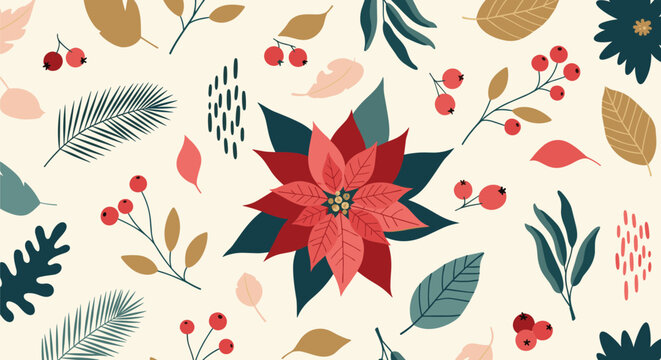 Festive holiday pattern featuring red poinsettias, winter berries, and evergreen leaves on a solid cream background.