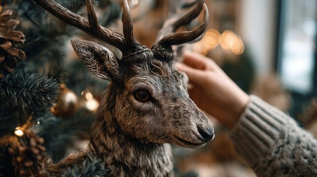 A person hanging a reindeer on the Christmas tree,