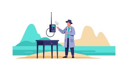 Obraz premium Doctor with Radio Device on Table, Abstract Background, Medical Communication Concept