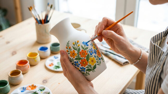 A talented artisan carefully paints a vibrant floral pattern onto a smooth white ceramic vase by hand