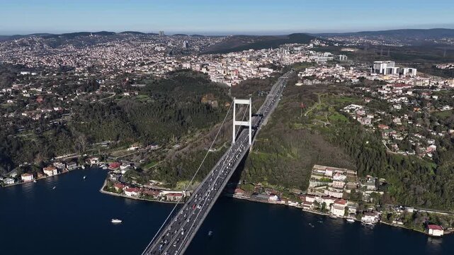 Fatih sultan mehmet bridge aerial view over bosphorus strait