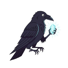 Fototapeta premium Cartoon raven holding crystal gem, vector illustration