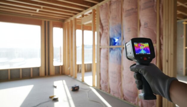 Person wearing gloves uses a thermal imaging device to inspect heat patterns on a fiberglass insulated wall inside a new house framework