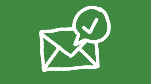 White certified message delivery envelope cartoon graphic with chalk outline mail and check mark speech bubble icon isolated on green screen background for verified communication element concept.