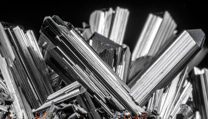 Obraz premium Striated black tourmaline mineral prisms arranged in a dense crystalline cluster against a dark background