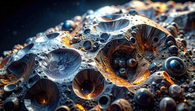 Macro view of a dark metallic meteorite surface showing intricate volcanic craters and glossy spherical textures