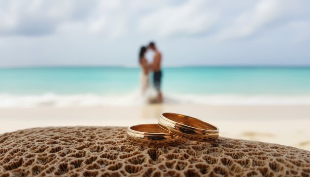 Pair of gold wedding rings rests closely together on a piece of coral with a blurred romantic couple on the beach behind