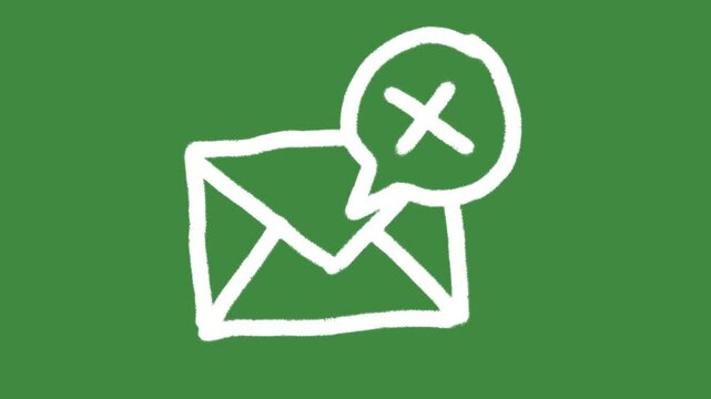 White rejected message delivery envelope cartoon graphic with chalk outline mail and cross mark speech bubble icon isolated on green screen background for canceled communication symbol element.