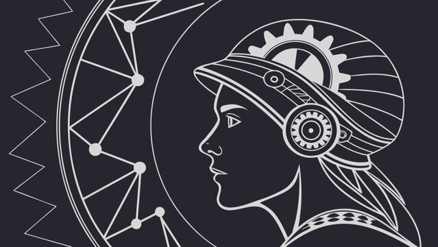 Steampunk human profile with gear mechanism and geometric pattern steampunk mechanical technology industry abstract