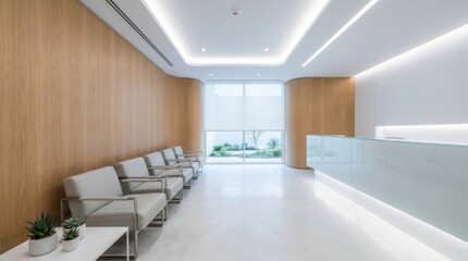 Fototapeta premium Modern minimalist waiting room with light wood paneling, white walls, and gray seating. Serene and professional atmosphere in a contemporary clinic or office.