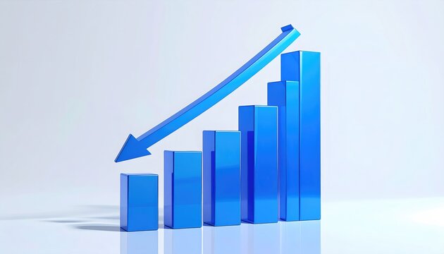 Blue bar graph depicts a downward trend with an arrow indicating decline