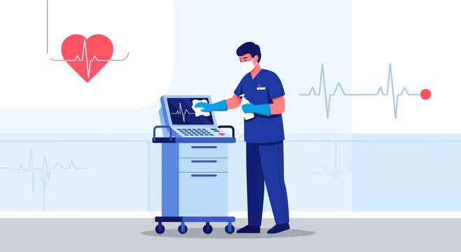 Doctor sanitizing medical equipment in hospital with heart monitor and EKG graphic