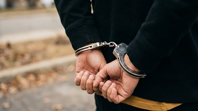 Closeup of a persons hands in handcuffs behind their back, symbolizing arrest, detention, or legal consequences in a criminal justice context