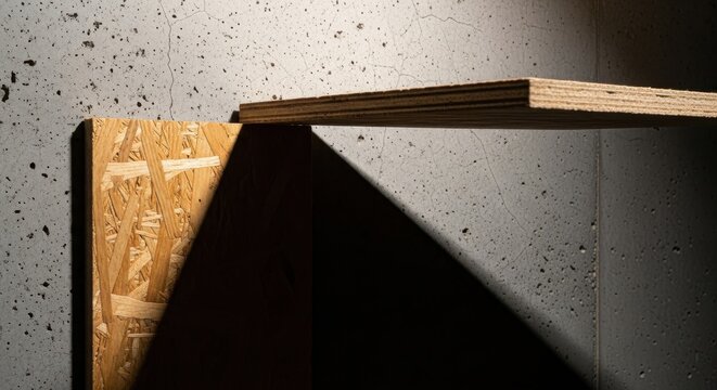 Uncoated chipboard layers casting a bold geometric shadow against a textured concrete wall