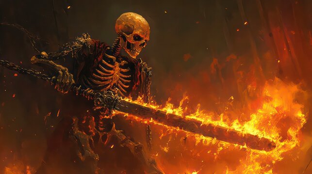 A skeletal warrior, adorned with chains, brandishes a flaming sword in a fiery inferno.