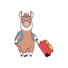 Fototapeta premium Cartoon Llama Traveler with Suitcase and Backpack on White